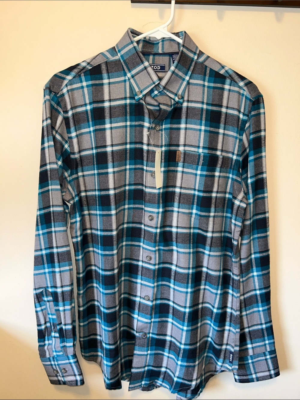 Izod Men’s Teal, Blue & Gray Plaid Button-Down Shirt